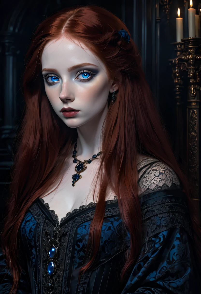 a gothic portrait of a beautiful girl with long red hair, pale skin, piercing blue eyes, detailed facial features, dramatic lighting, dark and moody atmosphere, oil painting, intricate details, photorealistic, masterpiece,8k,best quality,ultra-detailed,cinematic lighting,dramatic contrast,chiaroscuro,dark fantasy,expressionistic,dramatic lighting,dramatic shadows,dark and moody,dark palette,dramatic composition