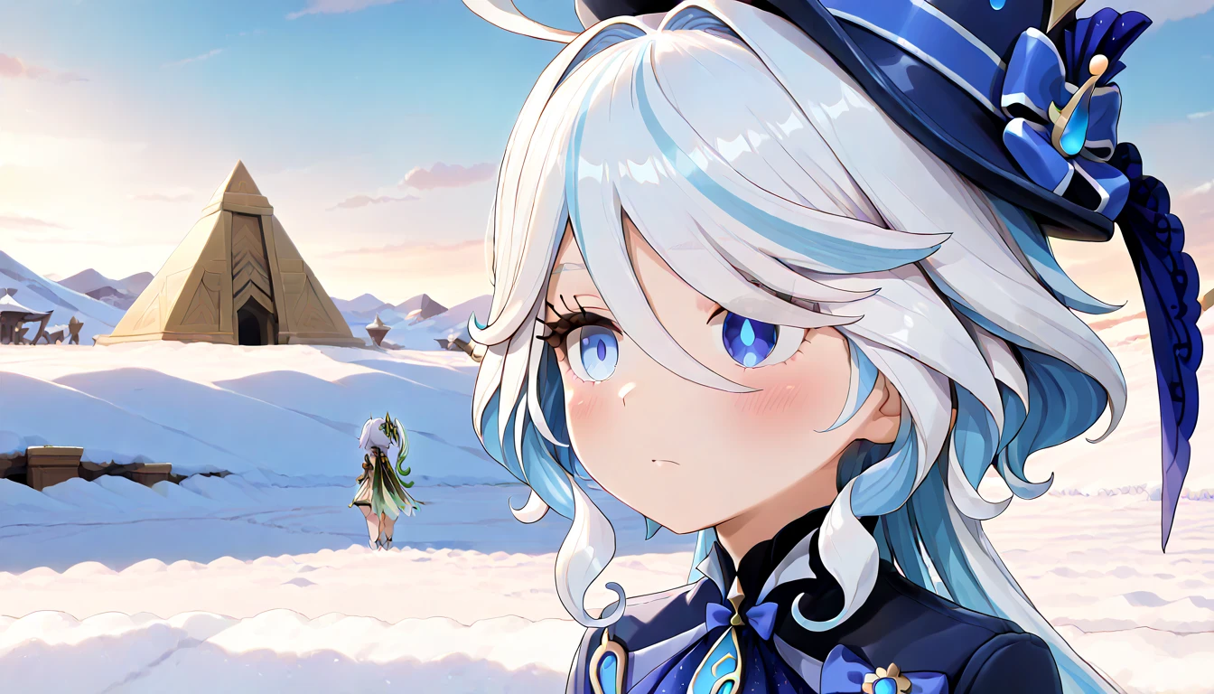 ((top quality)),((masterpiece)),((perfect face)),(ultra-detailed),ultra high res, 8k, 2girls, torso, nahida (genshin impact), furina (genshin impact), pyramids, snow field, (very aesthetic:1.2), (absurdres:1.2), (detailed background), (antialiasing),(anime screencap),newest, perfect anatomy