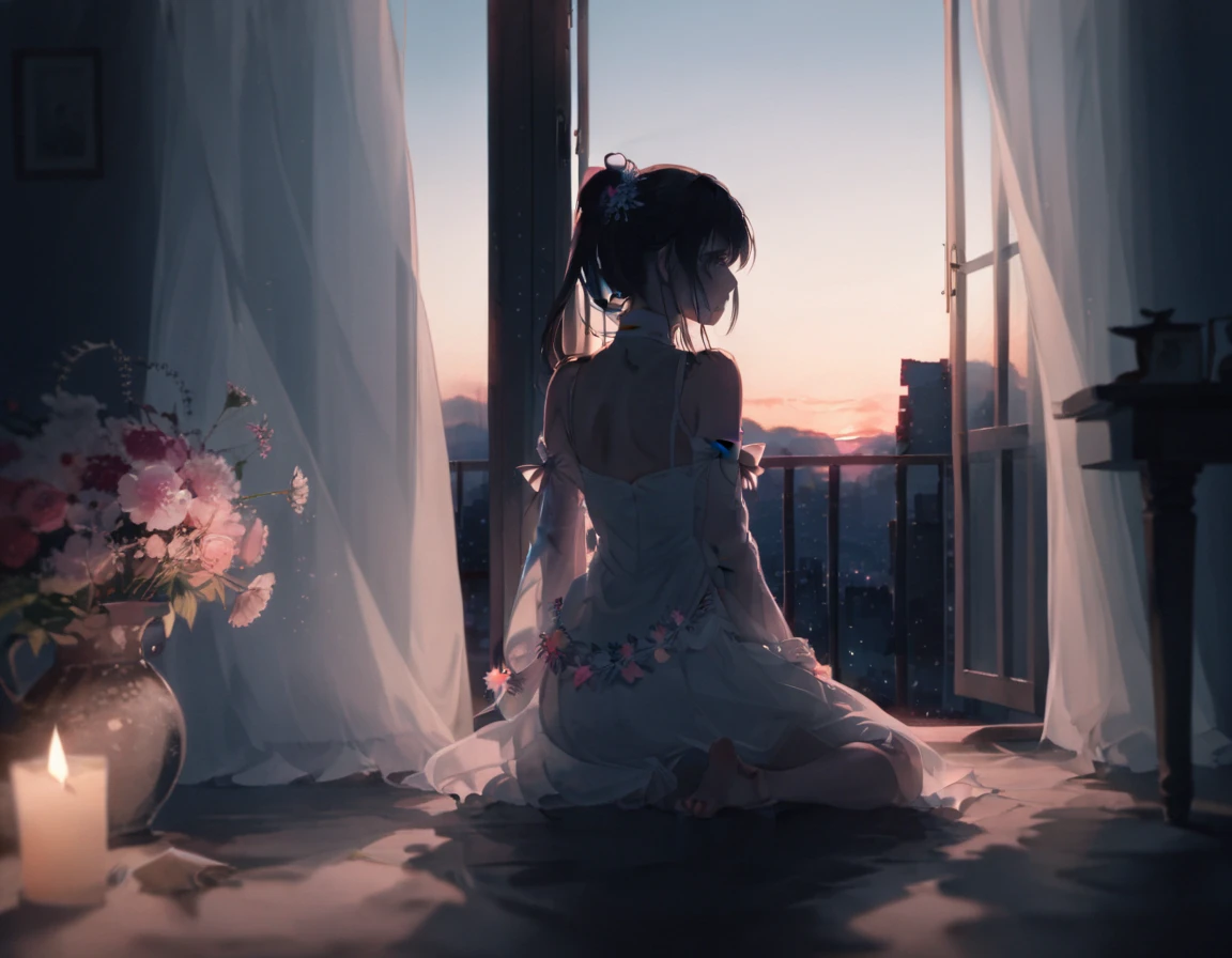 llaによる,  amazing quality by Ella, masterpiece,  best quality,  absurd, beautiful, Detailed Shadows,  Aesthetic ,  1 girl, Alone, curtain, null,  from behind,  is sitting,  Shorthair,  knight , window,  skirt,  turn your back,  black long hair by lla, scenery, star (null), indoor,  knight null, dark, cityscape,, wind, white  skirt, starnull, Blur,  Building,A cute anime-style young girl with long black hair with in a ponytail, adorned with flower accessories and ribbons, She wears a light, elegant dress with soft pastel colors, creating a serene and graceful atmosphere. The overall style is detailed, masterpiece、Contour