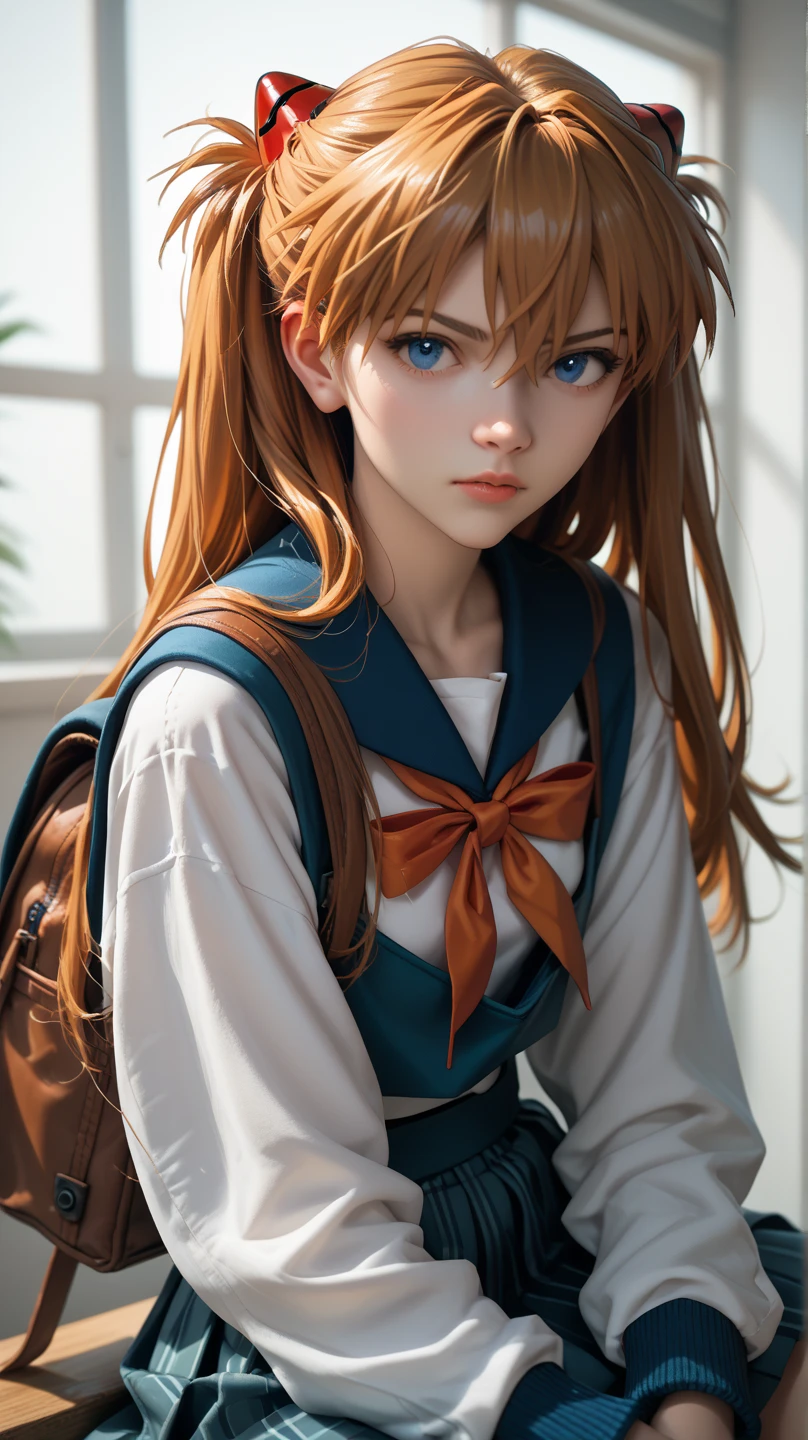  Asuka Langley from Neon Genesis Evangelion is seated on the spectator's lap. She looks directly at the viewer. She's wearing a school uniform, long hair, blue eyes. sfw safe for work ,  big boobs, image made of felt 