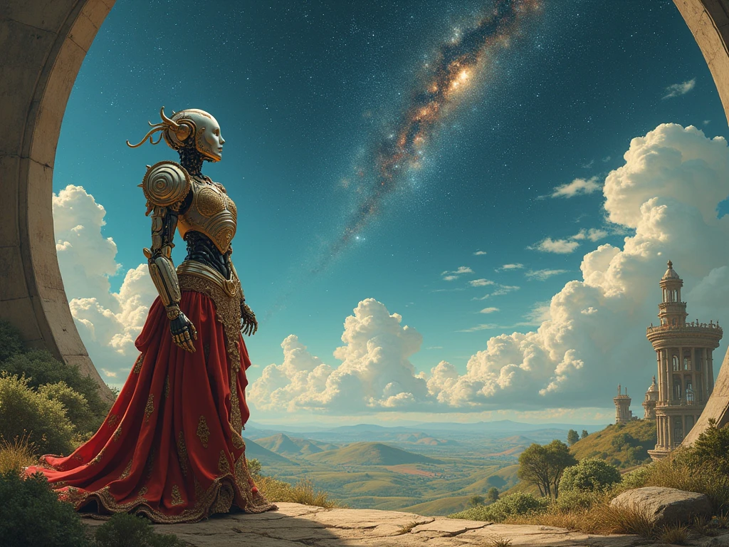 Classical Renaissance Art :
" A robot in elaborate robotic costumes , with humanized gestures , looking up at the starry sky in a setting that mixes technology with natural landscapes."