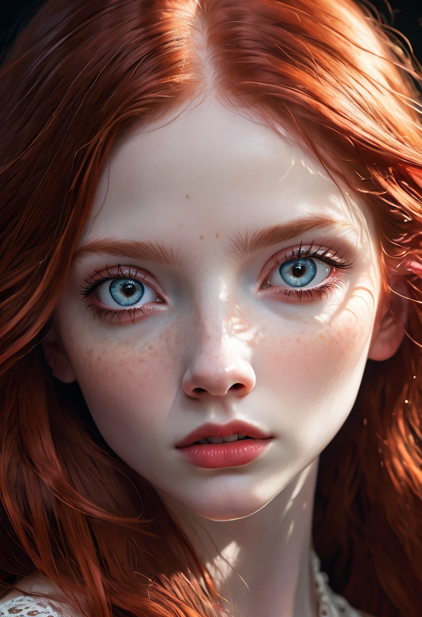 a beautiful pale-skinned girl with long red hair, detailed portrait, photorealistic, high quality, hyper detailed, dramatic lighting, cinematic, intricate details, realistic skin texture, piercing eyes, elegant expression, delicate facial features, flowing hair, vibrant colors, masterpiece