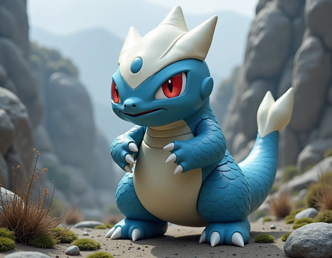 Create an ultra-realistic image of Bagon, capturing its distinctive features and realistic environment. Bagon is a small, dragon-like Pokémon with a predominantly blue body and white underbelly. Its head is distinctively rounded, with a prominent white section on the top of its head, resembling a helmet or crown. The body is muscular but compact, with thick limbs and short claws. Bagon’s tail is robust, tapering slightly to a pointed end, and it has a slight curve. The eyes should be fierce and intense, bright red with a slit pupil, adding an air of determination. The Pokémon has a small, rounded snout and two sharp teeth protruding from its lower jaw. Its legs are stocky and powerful, designed for both speed and stability.
Bagon should be depicted in a natural, rocky terrain. The environment is rugged, with large, jagged rocks and patches of moss growing on the stones. The atmosphere is slightly misty, evoking a sense of early morning or dusk in a mountainous region, with soft, diffused light casting shadows on the rocks. There are sparse shrubs or low-lying plants around, but the overall feel is one of harsh, untamed nature.
The size should reflect Bagon’s original in-game dimensions: 2 feet 4 inches (0.7 meters) tall and weighing 42.3 pounds (19.2 kg). Bagon is a bipedal Pokémon, standing on its two hind legs with its front limbs tucked in close to its chest. It stands proudly, ready to take on any challenge, showcasing its youthful yet confident posture.
Focus on realistic textures and shading: the scales on Bagon's body should have a slight sheen to them, reflecting the ambient light in a way that suggests a sturdy, leathery skin. The white section on its head should have a smooth texture, almost like a hard shell, in contrast to the softer blue scales covering its body.
This image should not only show Bagon's appearance in fine detail but also capture its inherent strength and determination, characteristic of its journey to evolve into the mighty Salamence