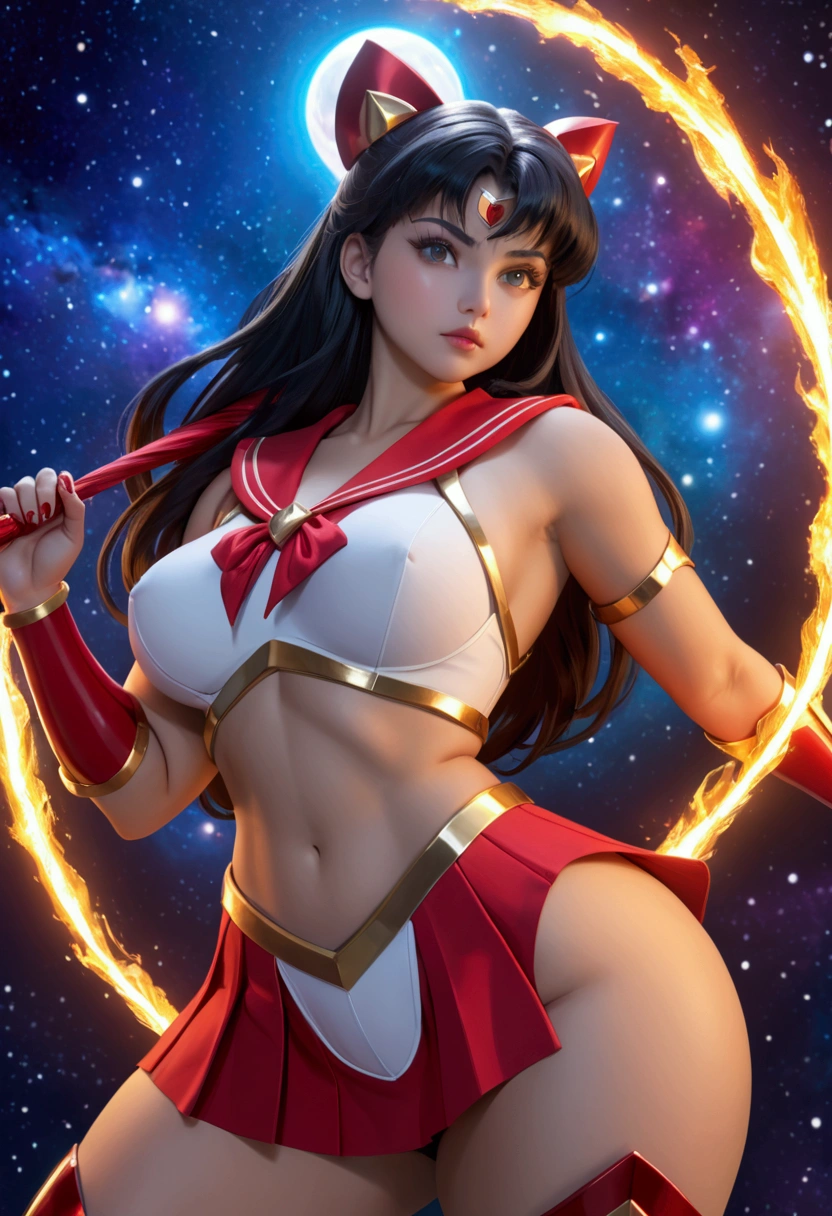 woman wearing sexy white and red mobile legend hero armor, Sailor Mars theme, leotard,drawing action pose fantasy fire bow, in a fantasy world, fantasy bokeh effect, cinematic light, realistic photography, wide angle shot, super realistic, real human, ig model, cutesexyrobutts, thick and curvy body, curvaceous body, accentuated curves with wide hips, black hair, cinematic lighting, rich color palette, cosmic background, 4k, photorealistic, masterpiece, teardrop shaped small breast, pleated mini skirt, 