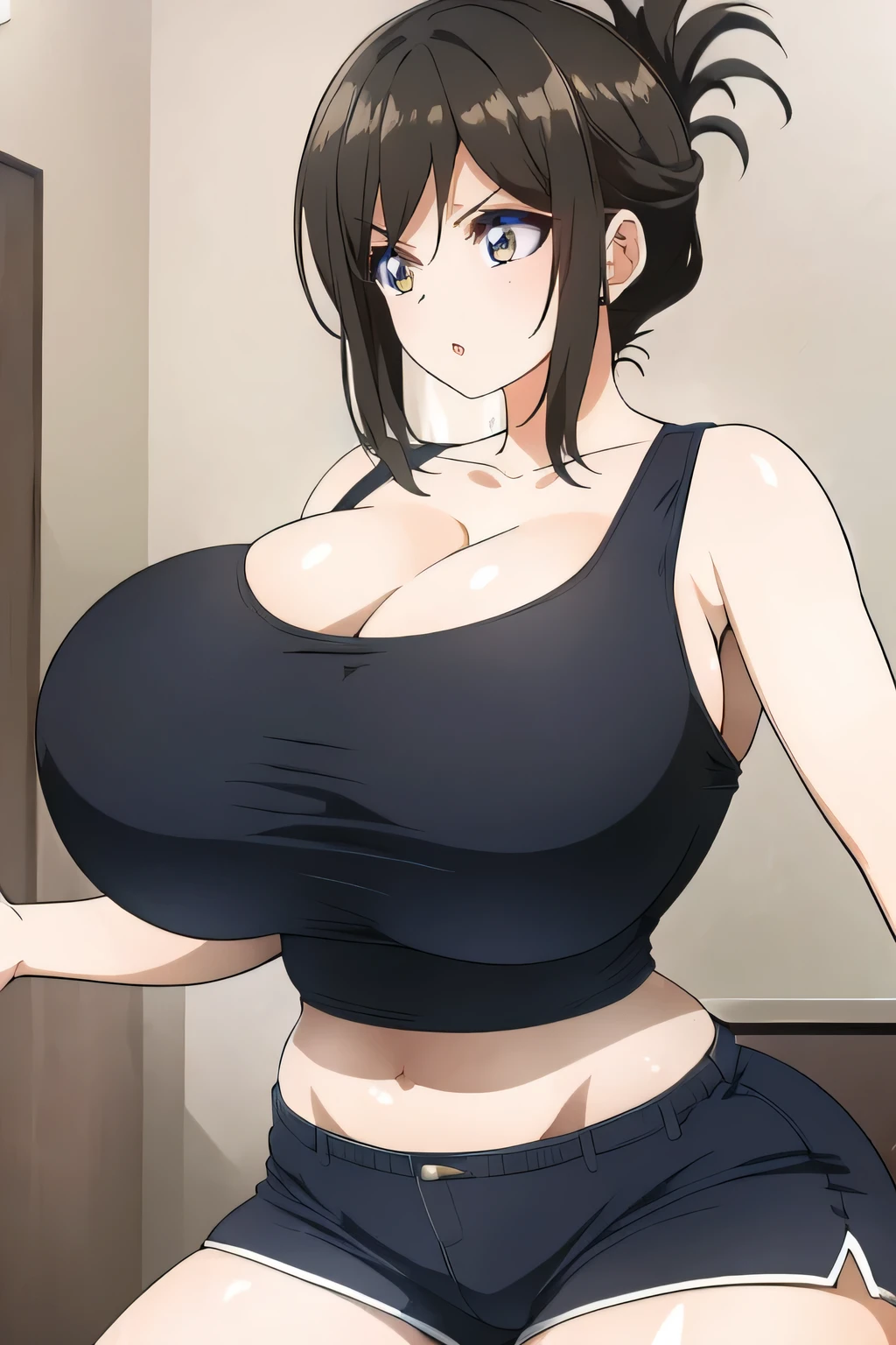 1girl, solo, breasts, bangs, brown hair, black hair, navel, cleavage, bare shoulders, brown eyes, standing, collarbone, sidelocks, thighs, cowboy shot, parted lips, shorts, midriff, indoors, huge breasts, crop top, short shorts, black shorts, tank top, folded ponytail, door, black tank top