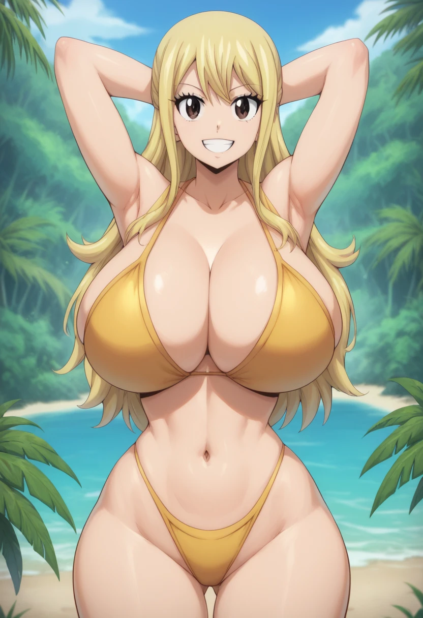 Lucy Heartfilia from Fairy Tail, Blonde Hair, Long Hair, Brown Eyes, Yellow Bikini Thong, On a Beach, Jungle Background, Hands Behind Head, Huge Breasts, Massive Breasts, Wide Hips, Thin Waist, Solo, Aerial View, Smiling, (cartoon-style bold line work:1.2), vibrant colors, cel shading, Simplistic Art Style, smiling, looking at viewer, solo