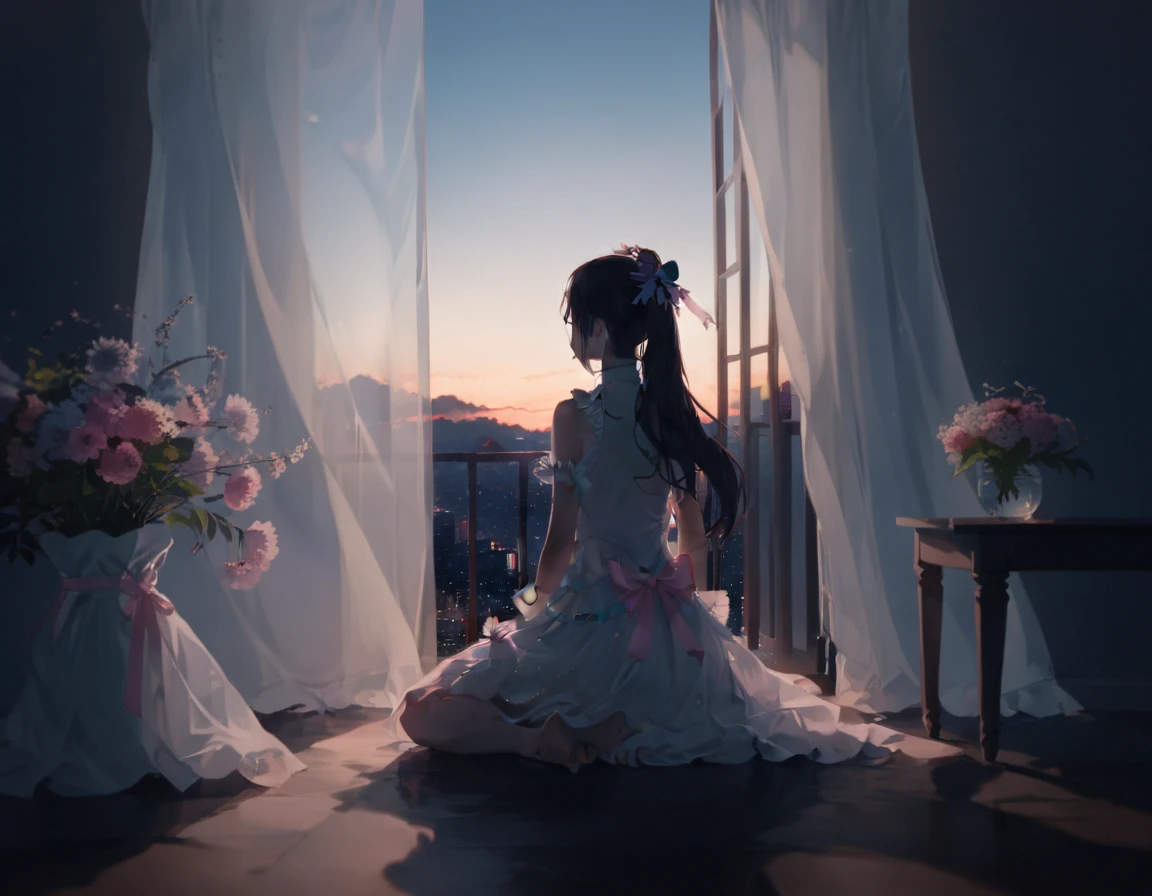 By rella,  Great Quality, masterpiece,  best quality,  absurd, beautiful, Detailed Shadows,  Aesthetic ,  1 girl, Alone, curtain, null,  from behind,  is sitting,  knight , window,  skirt,  turn your back,  Black Long Hair , scenery, star (null), indoor,  knight null, dark, cityscape,, wind, white  skirt, starnull, Blur,  Building,A cute anime-style young girl with long black hair with in a ponytail, adorned with flower accessories and ribbons, She wears a light, elegant dress with soft pastel colors, creating a serene and graceful atmosphere. The overall style is detailed, masterpiece、Contour