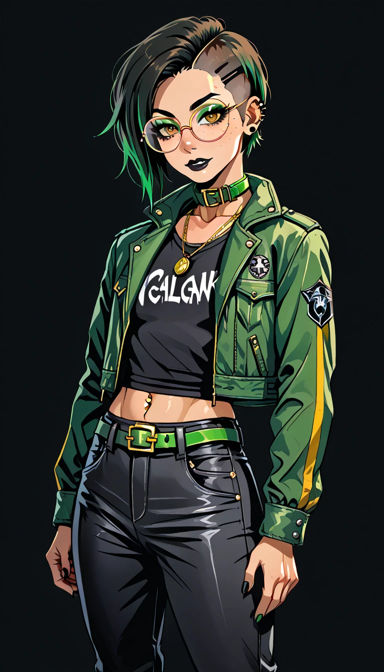 1boy;Androgynous;asian;dark brown punk undercut hair;gold eyes;freckled skin;toned,athletic body;black lip gloss;black eyeliner;green eyeshadow;sharp black nails;round glasses;black tight full shirt;black cargo pants;green belt;Green Canvas Jacket;Combat Boots;amber pendant;green collar;pierced ears;GothMOONXL
