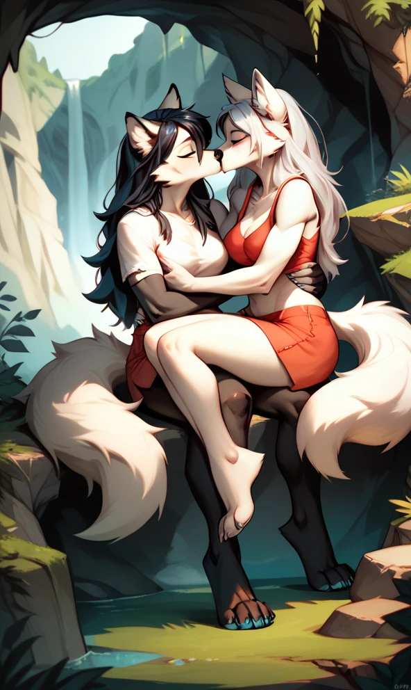 FeMale, anthropomorphic, fox, blue stripes, black body, silver nails, canyon, athletic, ultra realistic, duo, two, arctic fox, 2girls, duo, friends, blue pawpads, in lap, long hair, enjoyment, kissing