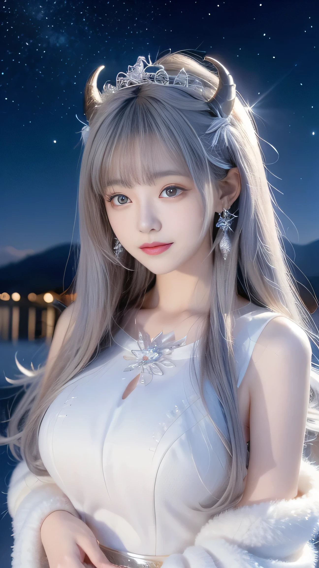 A beautiful and cute Japanese goddess adorned in a fluffy, pure white woolen dress. Her head is crowned with large, spiral-shaped ram horns, and her voluminous, long silver hair shimmers in the moonlight. She gazes gently at the viewer with a serene smile, her eyes reflecting the starlight. The background is a vast meadow under a night sky filled with countless stars, with shooting stars gracefully passing by. The air is imbued with a mystical aura, as if magic permeates the scene, radiating a noble and ethereal presence.