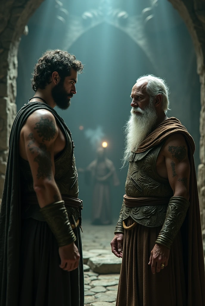 There are two men made out of metal in underpants with white beards standing next to each other, ils sont torse nu, ils ont un gros ventre, un homme porte des lunettes et l'autre un monocle, cyborg, cyberpunk style, steam-punk style, ((intricate details)), (best quality,4k,8k,highres,masterpiece:1.2), ((intricate details, realistic, photo-realistic, photo-realistic:1.37)), cinematic shot