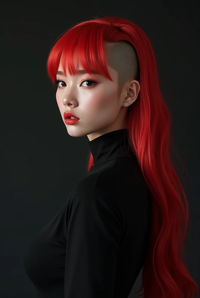 1girl, solo, asian american, magazine photo, detailed beauty, portrait, extremely realistic photograph, mid length hair, red hair, collarbone, detailed gold eyes, octane render, daizky1
