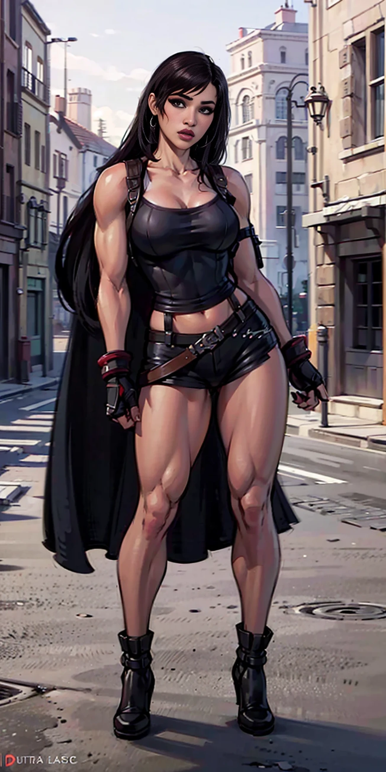 8K, is of the best quality, masterpiece:1.2) ( actual , photo- actual :1.37) (whole body) 1 single girl , Standing, Legs apart ( broad stand ) Standing contrapposto, Super Fine, cute ( Tifa Lockhart) Final Fantasy 7