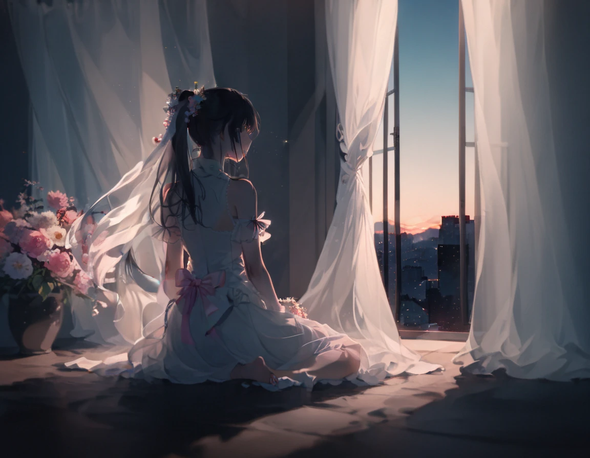 By rella,  Great Quality, masterpiece,  best quality,  absurd, beautiful, Detailed Shadows,  Aesthetic ,  1 girl, Alone, curtain, null,  from behind,  is sitting,  knight , window,  skirt,  turn your back,  black long hair by lla, scenery, star (null), indoor,  knight null, dark, cityscape,, wind, white  skirt, starnull, Blur,  Building,A cute anime-style young girl with long black hair with in a ponytail, adorned with flower accessories and ribbons, She wears a light, elegant dress with soft pastel colors, creating a serene and graceful atmosphere. The overall style is detailed, masterpiece、Contour、Backwards