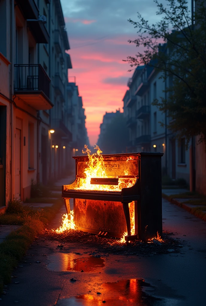 ((full shot)) bonfire, battlefield, Africa, slum, cool woman, ruins, wearing white hoodie, dirty figure, long black hair, ponytail, bullet holes, gunshot, playing piano,