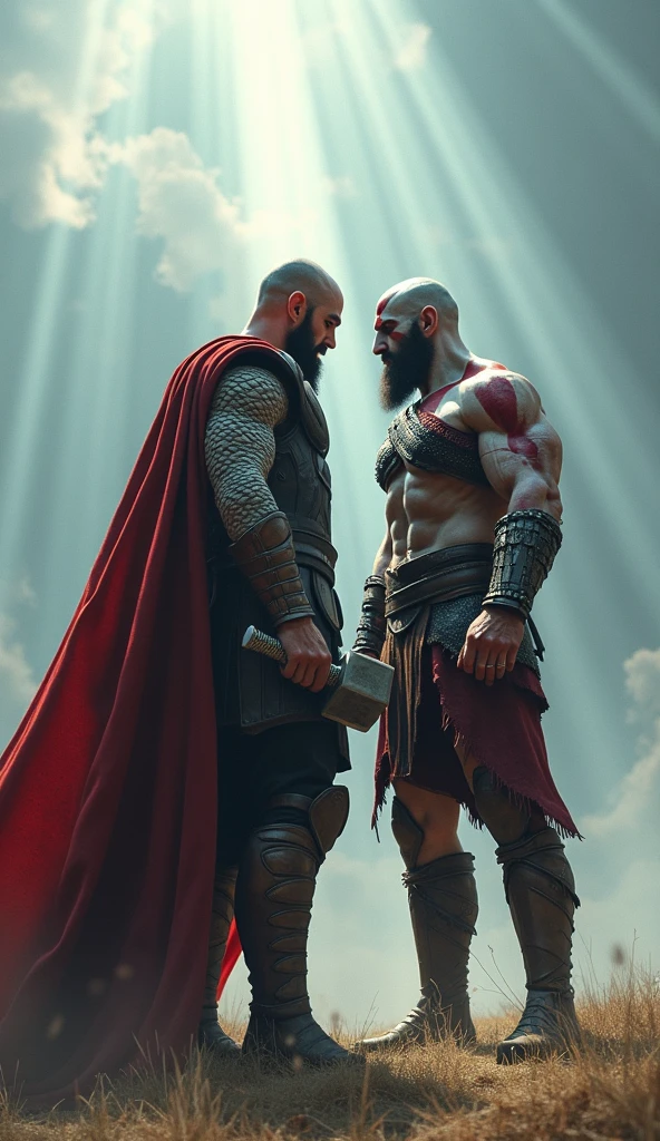 create an image of Kratos facing a judge from the judiciary who thinks he is god for a fight on Olympus