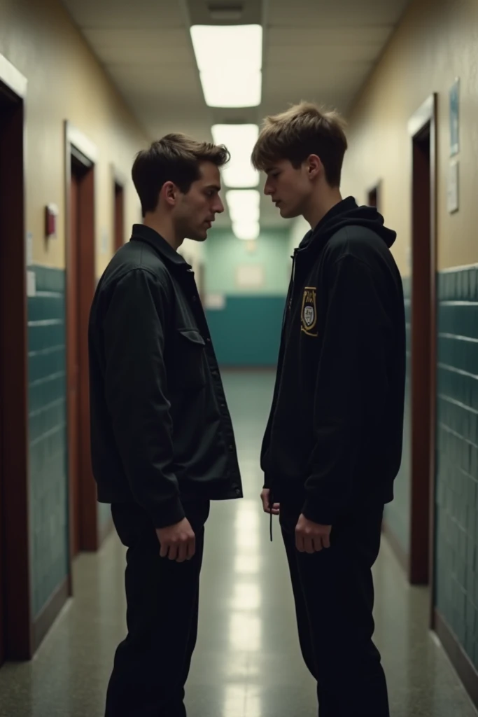A 15y old boy is kissing a male janitor inside the janitors room