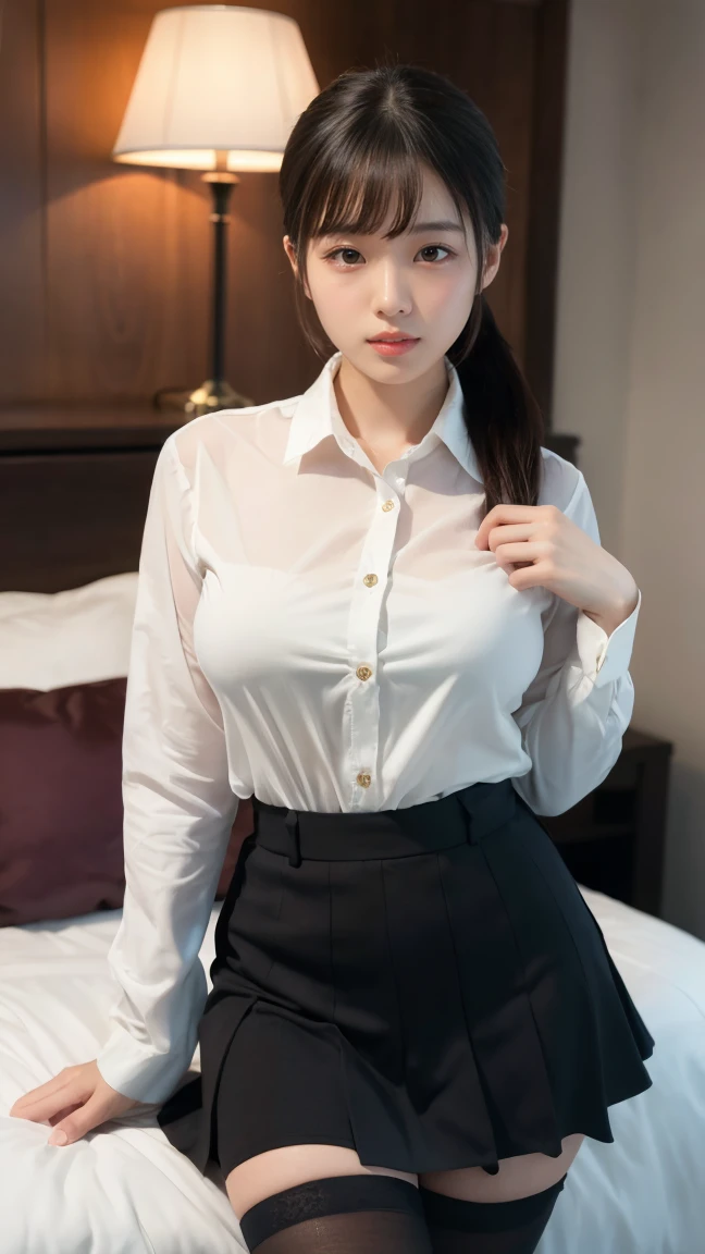 Best Quality, High resolution, 8K, Soft lighting, preparation, Changing clothes, early morning, Bedroom, Changing clothes, apartament, on the bed, Sitting next to the bed, 1 girl, 20 years old alone, OL, blushed face, worried, White blouse, White shirt, White blouse, Thin shirt, Slightly see-through blouse, Closed button, 鎖骨, Suit, Female office worker, Changing clothes, Light Blue Bra, Hugging her ????? with your hands, Arms crossed, Appears to be vacant, Light shirt, skinny , C Cup, Suit, Skirt