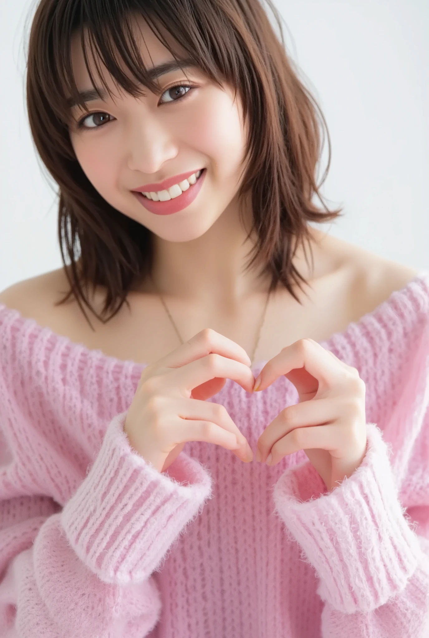 Only one woman with a cute smile wears cute, fluffy off-shoulder pajamas, makes a big heart shape with both hands, and poses them in front of her chest, View above collarbone、The background is a monotone 、