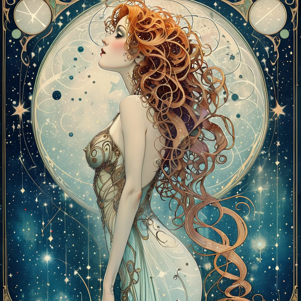 masterpiece,  best quality,  Ars MJ Style,  theatrical posters for art nouveau symbolist plays  ,  It is integrated into the design with 。.  The text is、 typical Art Nouveau typography depicting a mysterious female figure whose hair changes into a constellation ,