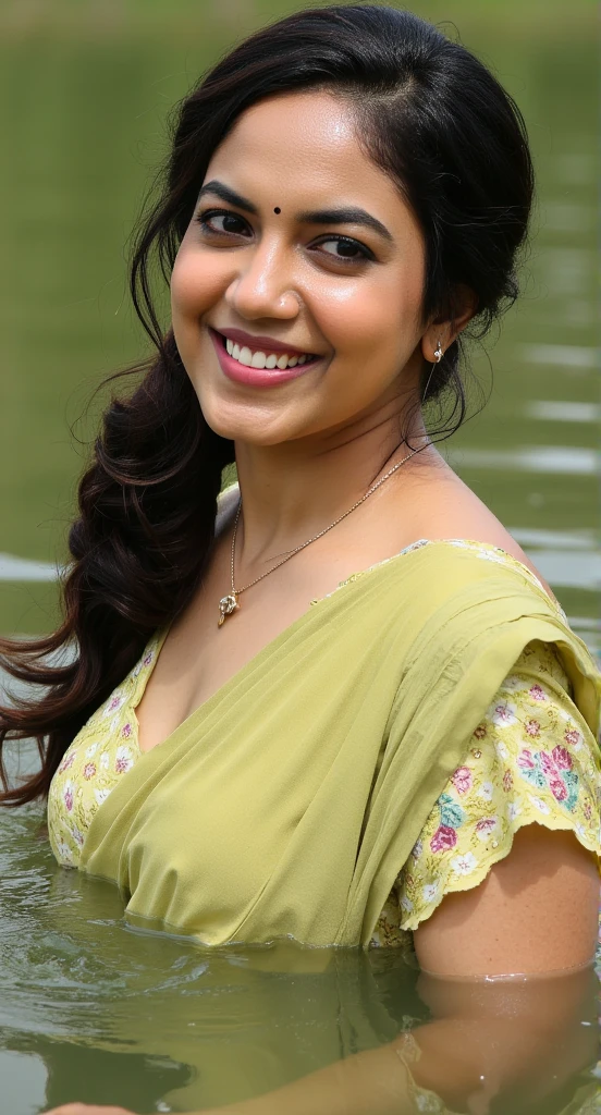 Tamil woman ritu fallen in pond, soaked, drenched, wet clothes, saree, blouse, big size boob , short skirt, cute, soaked, laughing,dark skin, wet hair, dripping wet, 1girl, solo, in water up to her waist, submerged, bright sunny day, summer heat, humid, HDR, hyper realistic, intricate detailing of face, yotta-pixel image, yocto-pixel detailing, SFW