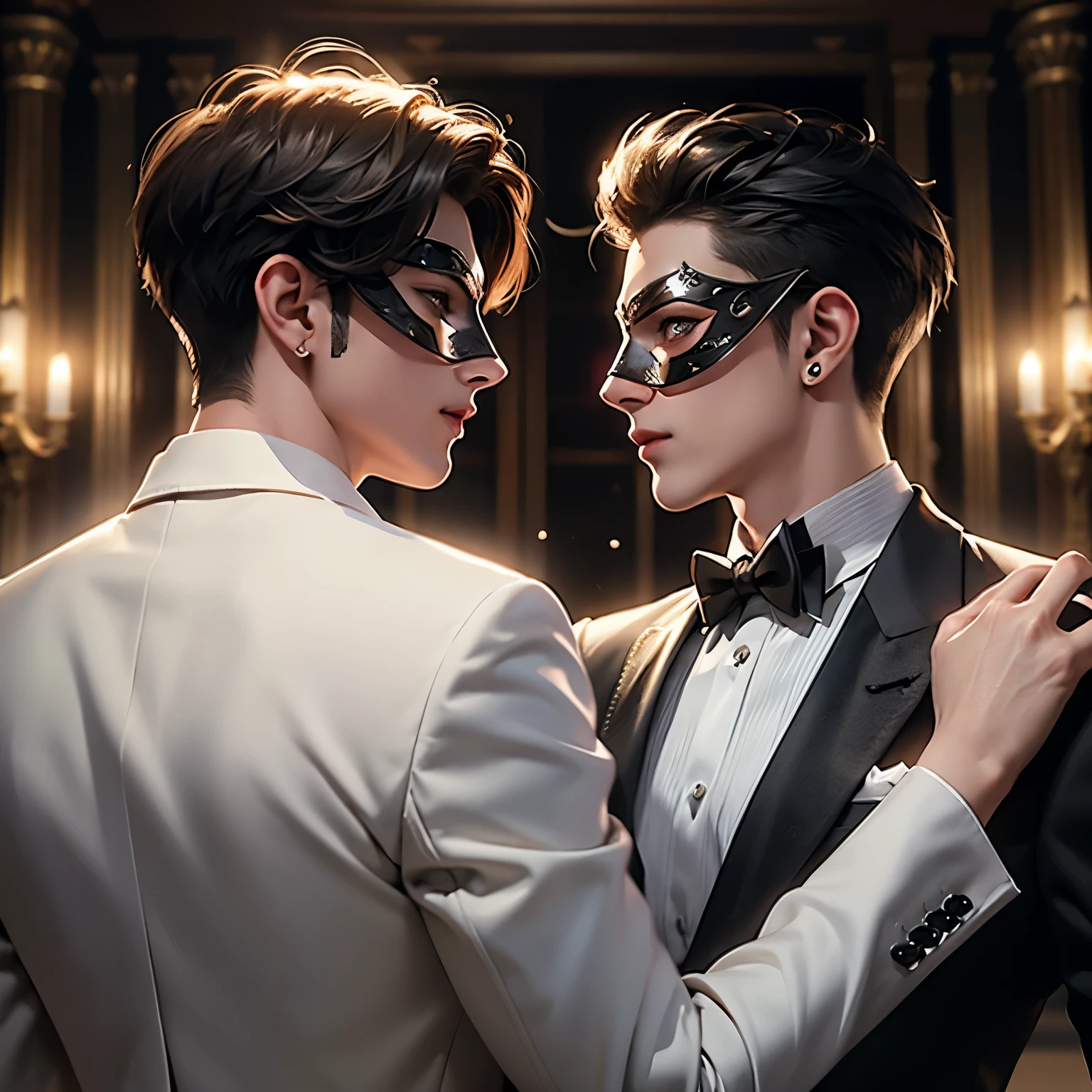 A gay couple dancing at a masquerade ball, one in a mask and black suit and the other in a mask and white suit, facing each other, both looking at each other with an intense look as they dance, the spotlight illuminates them in the ballroom. prom, close up, cinematic lighting, HD, 3D anime, 3D animation, high details, accurate, masterpiece, unreal engine, digital art, concept art, beautiful wallpaper, detailed textures, detailed, anatomically correct