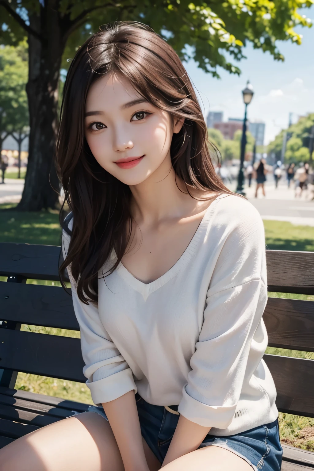On the table, Highest quality, realism, Fine details, High resolution, 8k wallpaper, Perfect dynamic composition, Beautiful and delicate eyes, Medium Straight Hair, Casual and sexy pose,Random Situation、Light black tight knit sweater、(Beautiful breasts overflowing 1.3)、Bright smile、Bokeh、nature、Age 25、(Droopy Eyes 1.3)、Adult Beauty、Japanese