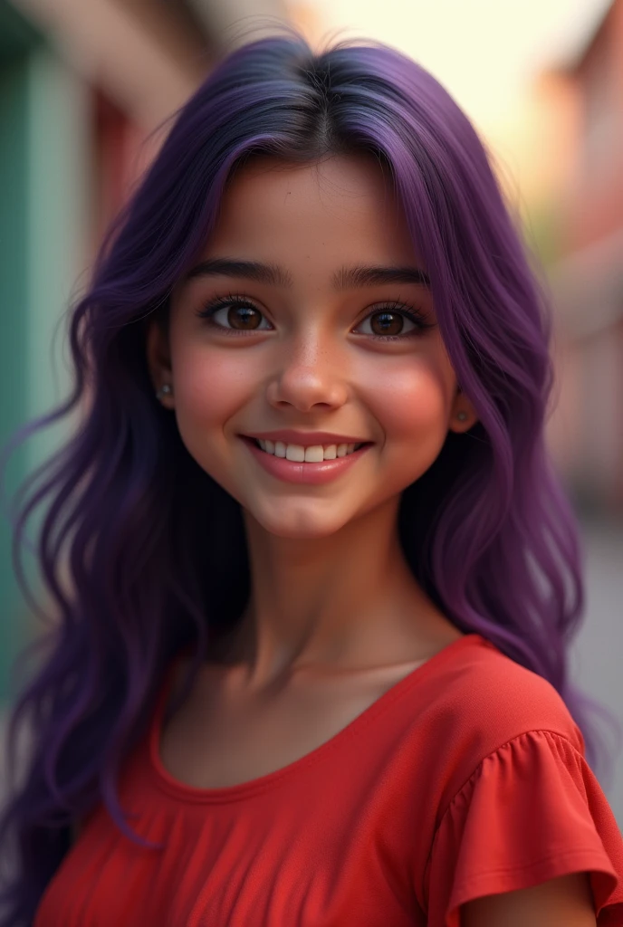 a smiling indian teenage girl with dark green eyes and pink colored hair