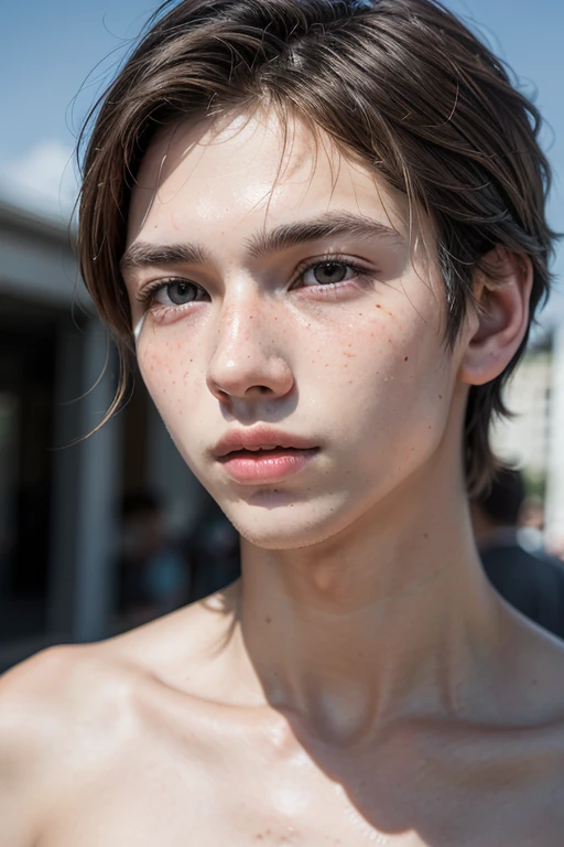 1boy, male focus, Topless Men, hair messy, Look at viewers, outside of house, beautiful lighting, deep-shadows, top-quality, masterpiece, 超A high resolution, Photorealsitic, blured background、sun burn