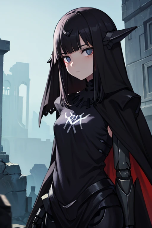 best quality, highly detailed, dark shadows,day, ruins, bioluminescence, 9a91normal, 1girl, solo, empty eyes, expressionless, ( mechanical arms:1.1), black cape, black capelet, (black dress:0.75),long veil, headgear, black arms, 