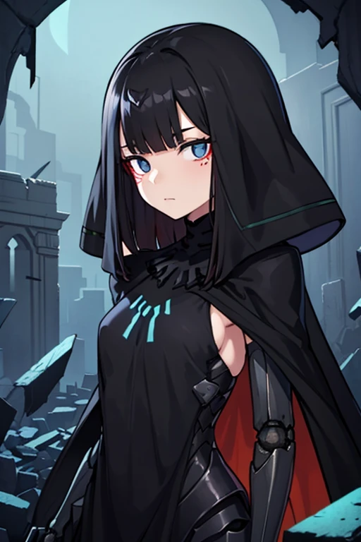 best quality, highly detailed, dark shadows,day, ruins, bioluminescence, 9a91normal, 1girl, solo, empty eyes, expressionless, ( mechanical arms:1.1), black cape, black capelet, (black dress:0.75),long veil, headgear, black arms, 