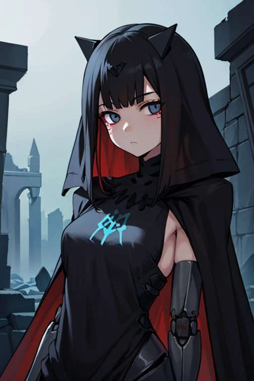 best quality, highly detailed, dark shadows,day, ruins, bioluminescence, 9a91normal, 1girl, solo, empty eyes, expressionless, ( mechanical arms:1.1), black cape, black capelet, (black dress:0.75),long veil, headgear, black arms, 