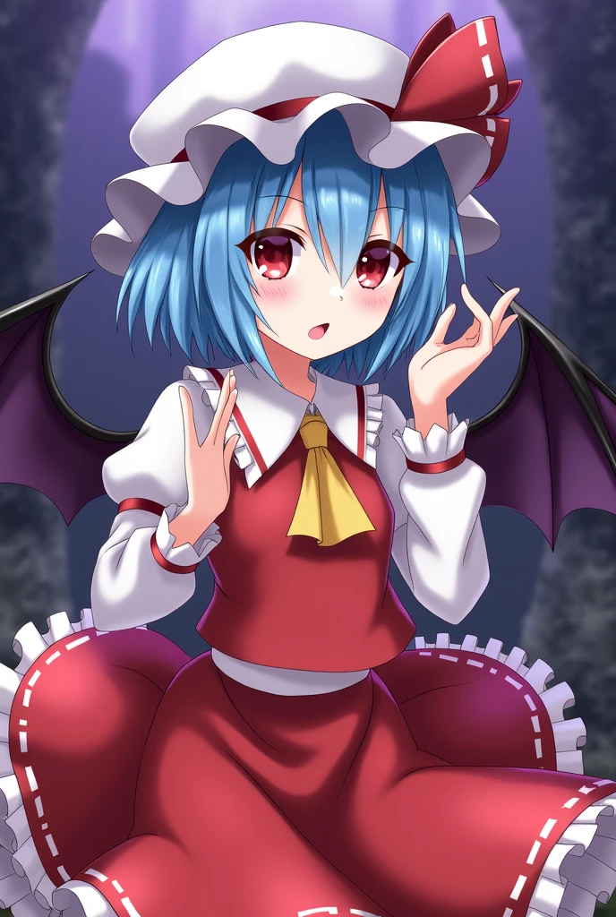 Anime Femboy, Fine skin, cute, (masterpiece, highest quality, 8K ultra-high resolution:1.4), beautiful detailed eyes, ultra-detailed, drsizukachan1, 
Stamding, front view,
remilia_scarlet_touhou, red_eyes, mob_cap, short_hair, bat_wings, wings, hat, blue_hair,  hair_between_eyes, bangs, smile, red_ribbon,
(((Completely naked))), pussy line,
((Femboy)), no ko , a feminine boy,