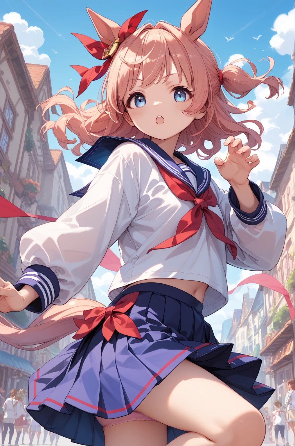 1 girl, solo, (mayano topgun) \umamusume\, best quality, masterpiece, dynamic pose, jk, sailor uniform, pleated microskirt, upskirt, lightpink panties with red ribbon, 