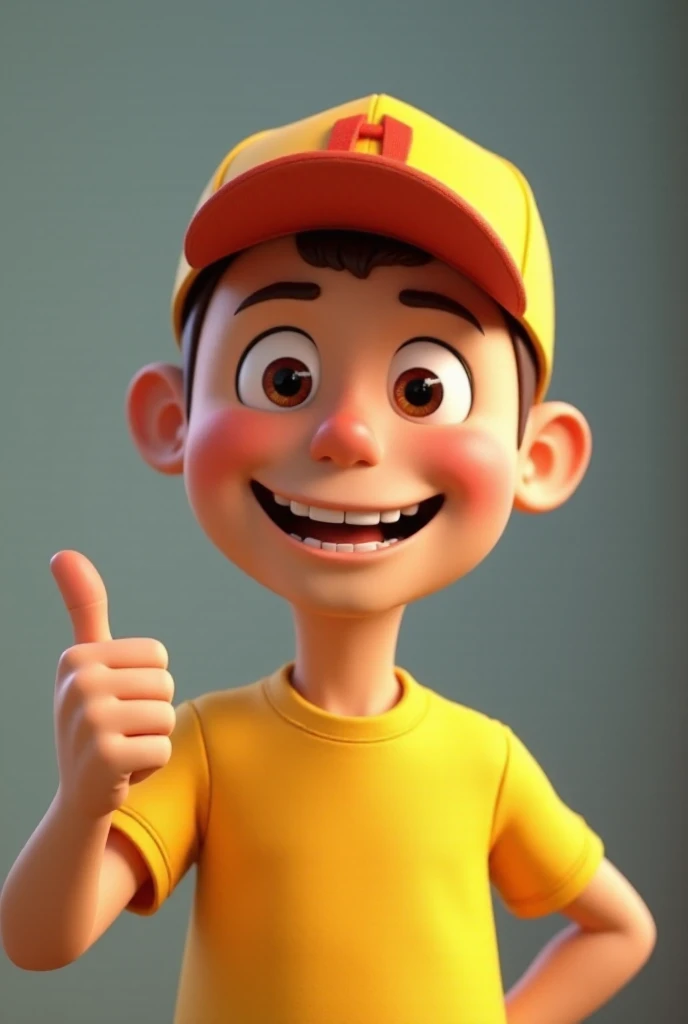 A happy and friendly, bald cartoon character in the style of Disney Pixar animated films, like Toy Story, wearing a bright yellow shirt and a baseball cap with red and yellow details. He has a big, toothy smile and is giving an enthusiastic thumbs-up with his right hand. The image should have clean, crisp lines, vibrant, saturated colors, and an overall feeling of joy and optimism. Think high-quality, 8k render with a clay-like texture, cinematic lighting, sharp focus, and subtle bokeh. (Pixar Style) (Masterpiece: 1.2)