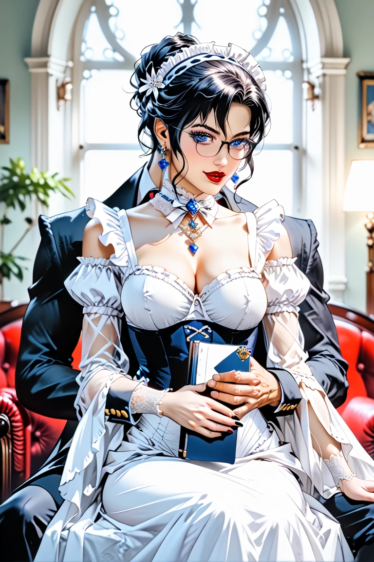2D animation, anime, women adult, big breasts (1.4), long blue fur, white eyes, baggy eyes, rostro tired out, small face, eye bags, adult, women, mayor, medieval clothing, white pupils, white eyes, dark blue hair, baggy eyes, gloomy face, tired out, dark blue hair, pearl colored eyes, big breasts, hugging from behind, man adult, man, adult, mayor, back hug, man de cabello negro, with glasses, clear skin