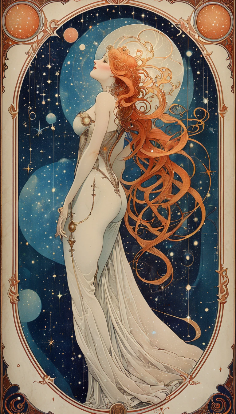 masterpiece,  best quality,  Ars MJ Style,  theatrical posters for art nouveau symbolist plays  ,  It is integrated into the design with 。.  The text is、 typical Art Nouveau typography depicting a mysterious female figure whose hair changes into a constellation ,male、美しいmale