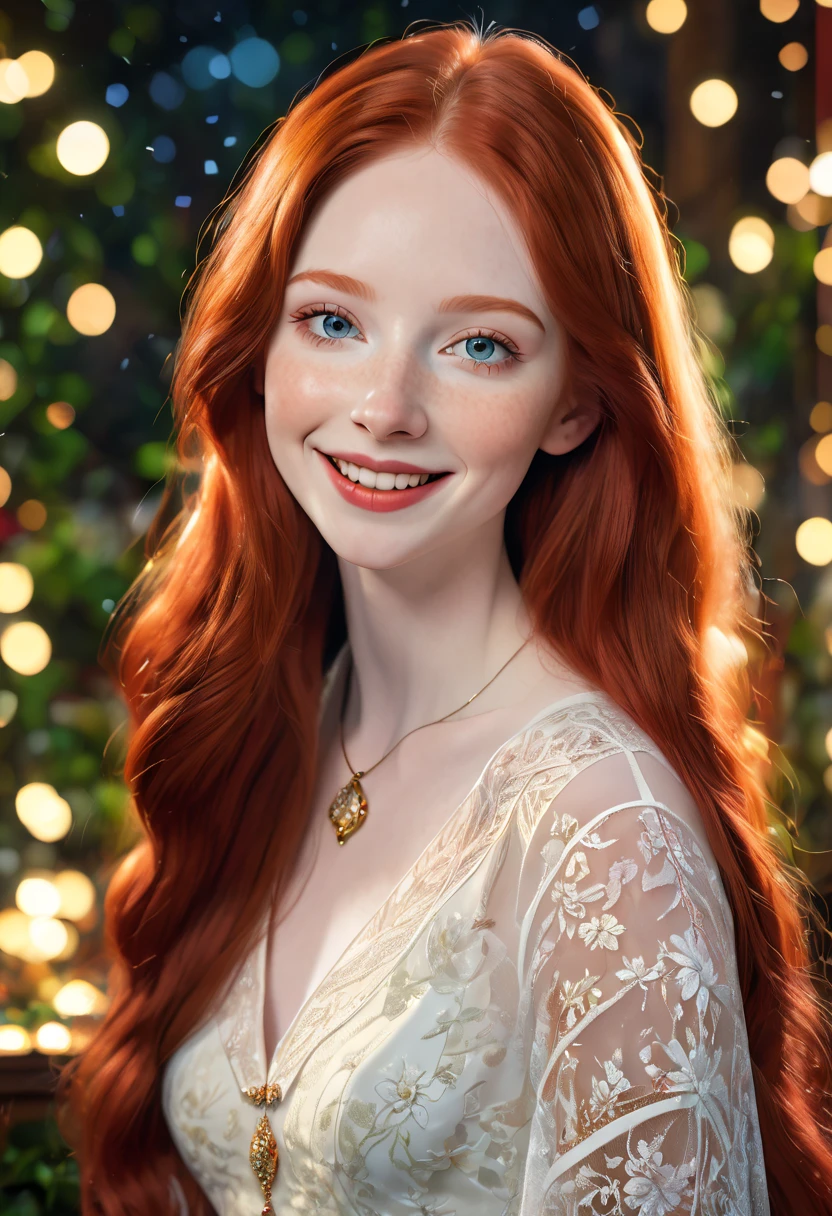 a beautiful young woman with long red hair, pale skin, smiling face, detailed facial features, (best quality,4k,8k,highres,masterpiece:1.2),ultra-detailed,(realistic,photorealistic,photo-realistic:1.37),portrait,vibrant colors,diffuse lighting,award winning photo,elegant pose,ethereal,thoughtful expression