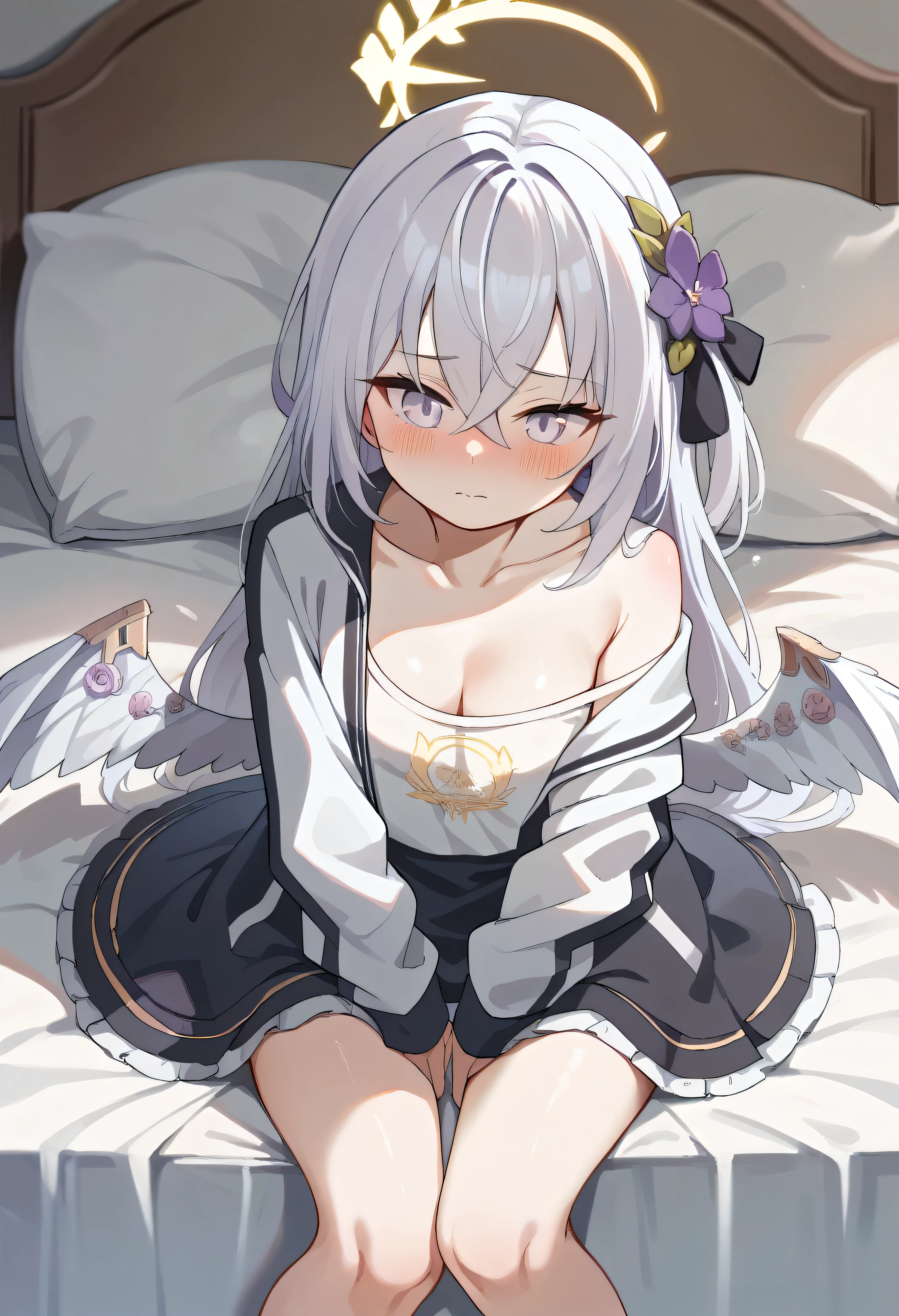  I lie in bed with Azusa_(green_ archive ) and Azusa _(green_ archive )  on top of me ,
 
,Two_Wings, absurd,yellow_halo,white_hair,, clevis,closure_mouth,halo, smaller_chest,nose_,off_shoulder,Thighs,white_ shirt,  best quality,(( purple _eye)) 