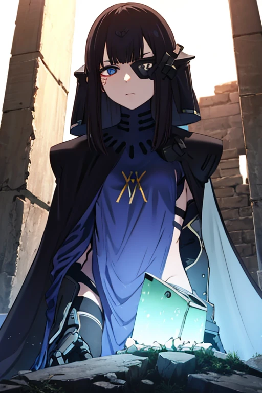 best quality, highly detailed, dark shadows,day, ruins, bioluminescence, 9a91normal, 1girl, solo, empty eyes, expressionless,  blue cape, blue capelet, (blue dress:0.75),long veil, headgear, 