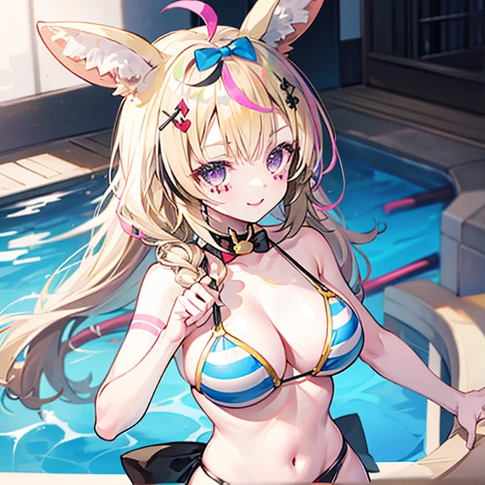 1 Girl、chest、water着、 virtual youtube、Omaru Poruka 、bikini、 animal ears 、single、 striped hair 、 multi-colored hair、Blonde、Purple Eyes、dot、Fox Ears、belly button、cleavage、dotbikini、 long hair 、Smile、Pigtails、 pink hair、tube、 watch the audience 、Swim ring、ribbon、白いbikini、bow、Cheek、Pool、ahoge、Fox Girl、 animal ears の綿毛、前ribbon、 big breasts、青いribbon、water、 black hair、smile