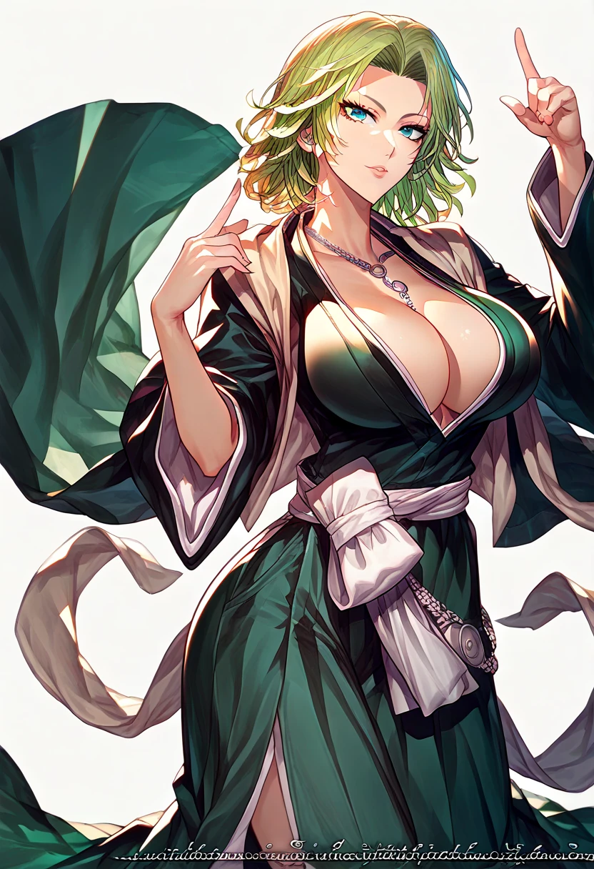 score_9, score_8_up, score_7_up, anime_source, source_anime, best background, anime screencap, 1girl, fubuki (one-punch man), solo, green eyes, dress, breasts, necklace, jewelry, white background, short hair, green dress, large breasts, jacket, simple background, bangs, looking at viewer, jacket on shoulders, coat, index finger raised, covered navel, long sleeves , matsumoto rangiku,anime,big_chest,girl１people,black shirt,kimono, kimono,waist belt, clavicle, cleavage, jewelry, necklace, blue eyes, green Blonde hair,front hair,length_hair,girl1 name, 20 years,young woman,beautiful Finger,beautiful long legs,beautiful body,natural lip,skin luster,looking at the viewer, in the center of the image,Show up to your knees,１in people, highest quality, High resolution, beautiful eyes, very detailed face, Detailed CG, (lively_color:1.2),(beautiful,big_chest:1.4), (beautiful_face:1.5),(narrow_waist), merging ,merged
