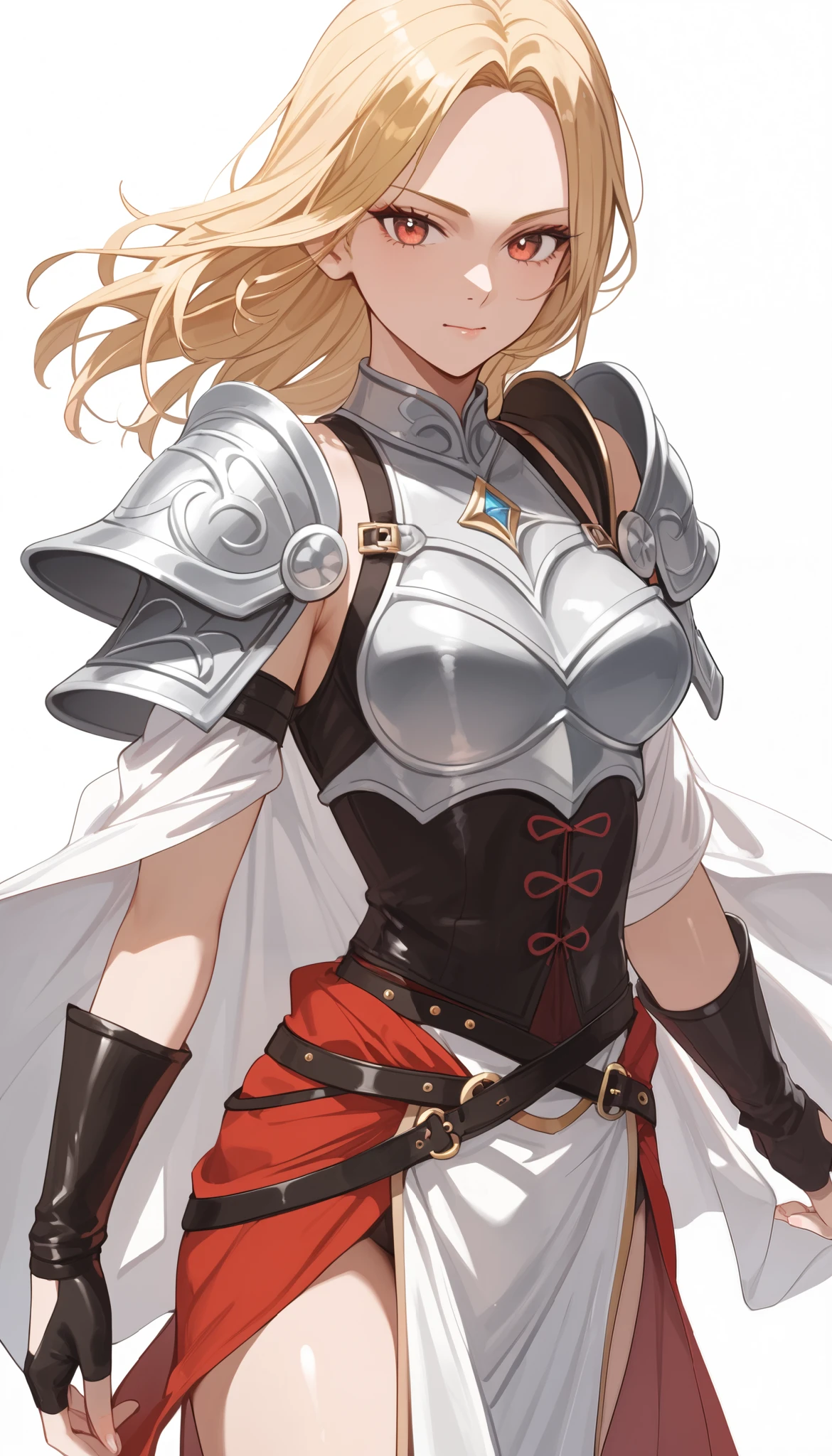 Female swordsman with pelvic curtains, {{{{leather shoulder armor}}} ,{{{red,costume:1.4}}}, short-sleeved blouse, waistband, fingerless gloves, long blonde hair, Foreheadplate equipped by a swordsman, ,score_9, score_8_up, score_7_up, score_6_up, score_5_up, score_4_up,hand,,short boots,(((white background))),forehead, parted bangs