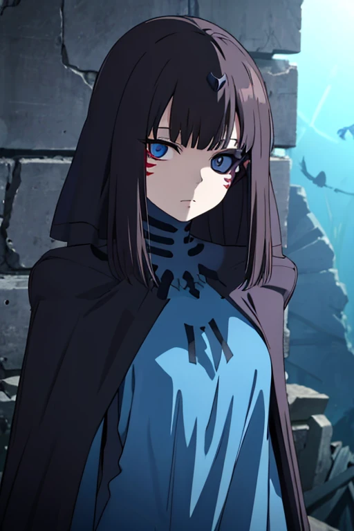 best quality, highly detailed, dark shadows,day, ruins, bioluminescence, 9a91normal, 1girl, solo, empty eyes, expressionless,  blue cape, blue capelet, (blue dress:0.75),long veil, headgear, 