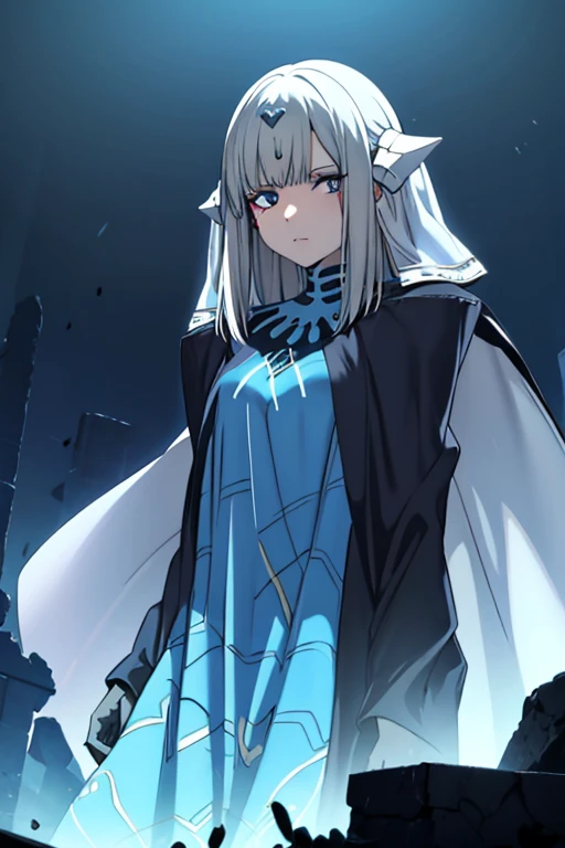 best quality, highly detailed, dark shadows,day, ruins, bioluminescence, 9a91normal, 1girl, solo, empty eyes, expressionless,  blue cape, blue capelet, (blue dress:0.75),long veil, headgear, 