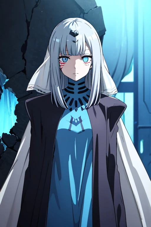 best quality, highly detailed, dark shadows,day, ruins, bioluminescence, 9a91normal, 1girl, solo, empty eyes, expressionless,  blue cape, blue capelet, (blue dress:0.75),long veil, headgear, 