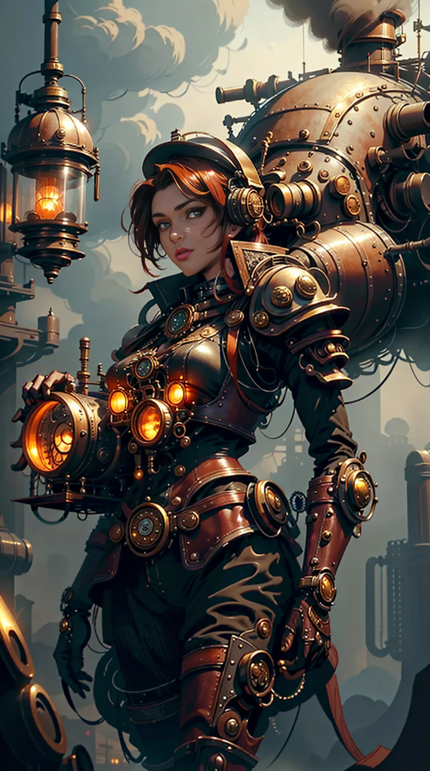 Sexy redhead female with a steampunk aesthetic, dusky skin, and a royal appearance, wearing a helmet. A full-body view from top to bottom, standing with her back turned to the camera while glancing over her shoulder. The female character has realistic and proportionate anatomy with no exaggerated features. The scene features a dark, smoky, fog-filled background. She is adorned with intricate mechanical and steampunk elements, with detailed gold and copper components. The art style blends steampunk, dieselpunk, and cyberpunk themes with a fantasy twist. Rendered as highly detailed digital art in 4K resolution, with a focus on vibrant sci-fi steampunk aesthetics and a dramatic atmosphere.