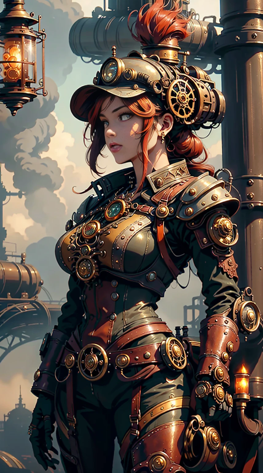 Sexy redhead female with a steampunk aesthetic, dusky skin, and a royal appearance, wearing a helmet. A full-body view from top to bottom, standing with her back turned to the camera while glancing over her shoulder. The female character has realistic and proportionate anatomy with no exaggerated features. The scene features a dark, smoky, fog-filled background. She is adorned with intricate mechanical and steampunk elements, with detailed gold and copper components. The art style blends steampunk, dieselpunk, and cyberpunk themes with a fantasy twist. Rendered as highly detailed digital art in 4K resolution, with a focus on vibrant sci-fi steampunk aesthetics and a dramatic atmosphere.