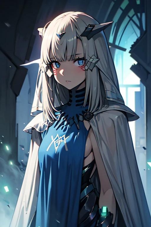 best quality, highly detailed, dark shadows,day, ruins, bioluminescence, 9a91normal, 1girl, solo, empty eyes, expressionless,  blue cape, blue capelet, (blue dress:0.75),long veil, headgear, 