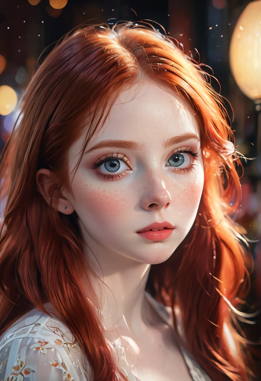 a portrait of a girl with red hair, pale skin, large eyes, close-up shot, (best quality,4k,8k,highres,masterpiece:1.2),ultra-detailed,(realistic,photorealistic,photo-realistic:1.37),HDR,UHD,studio lighting,ultra-fine painting,sharp focus,physically-based rendering,extreme detail description,professional,vivid colors,bokeh,digital painting,oil painting,extremely detailed face and eyes,beautifully detailed eyes,plump lips,long eyelashes,serene expression,glowing skin,dramatic lighting,cinematic composition,muted color palette